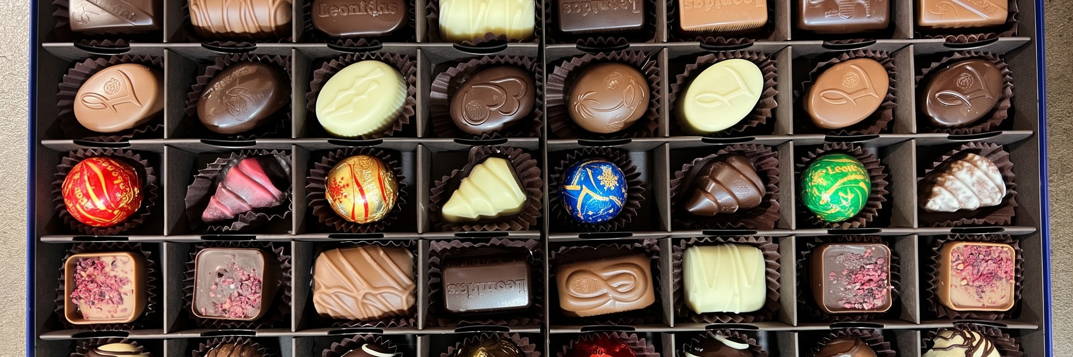 Un grand assortiment de chocolats au lait, noirs et blancs dans un coffret