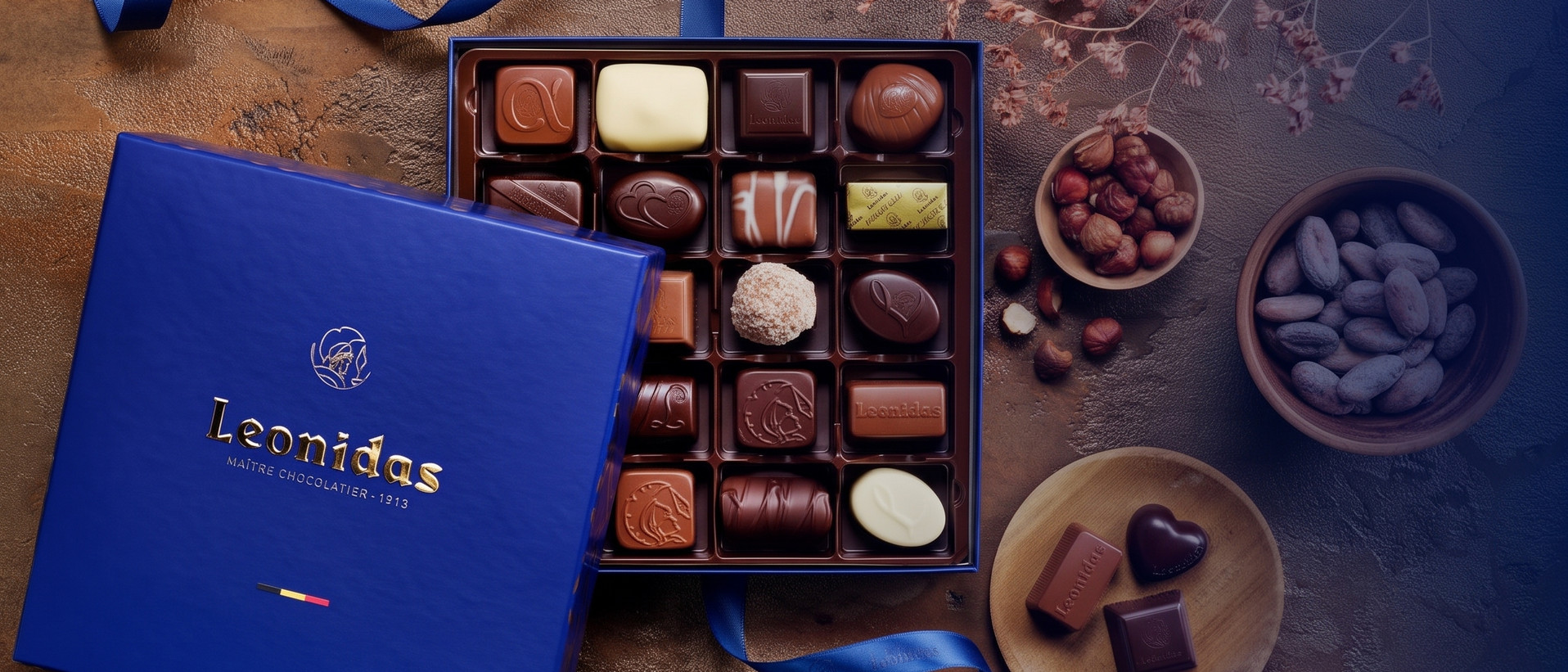 Un coffret bleu ouvert garni d’un assortiment de pralines