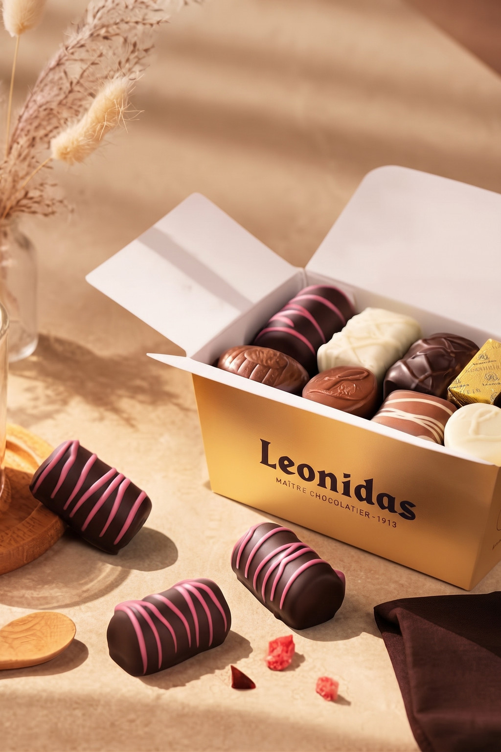 Un coffret doré rempli de chocolats assortis