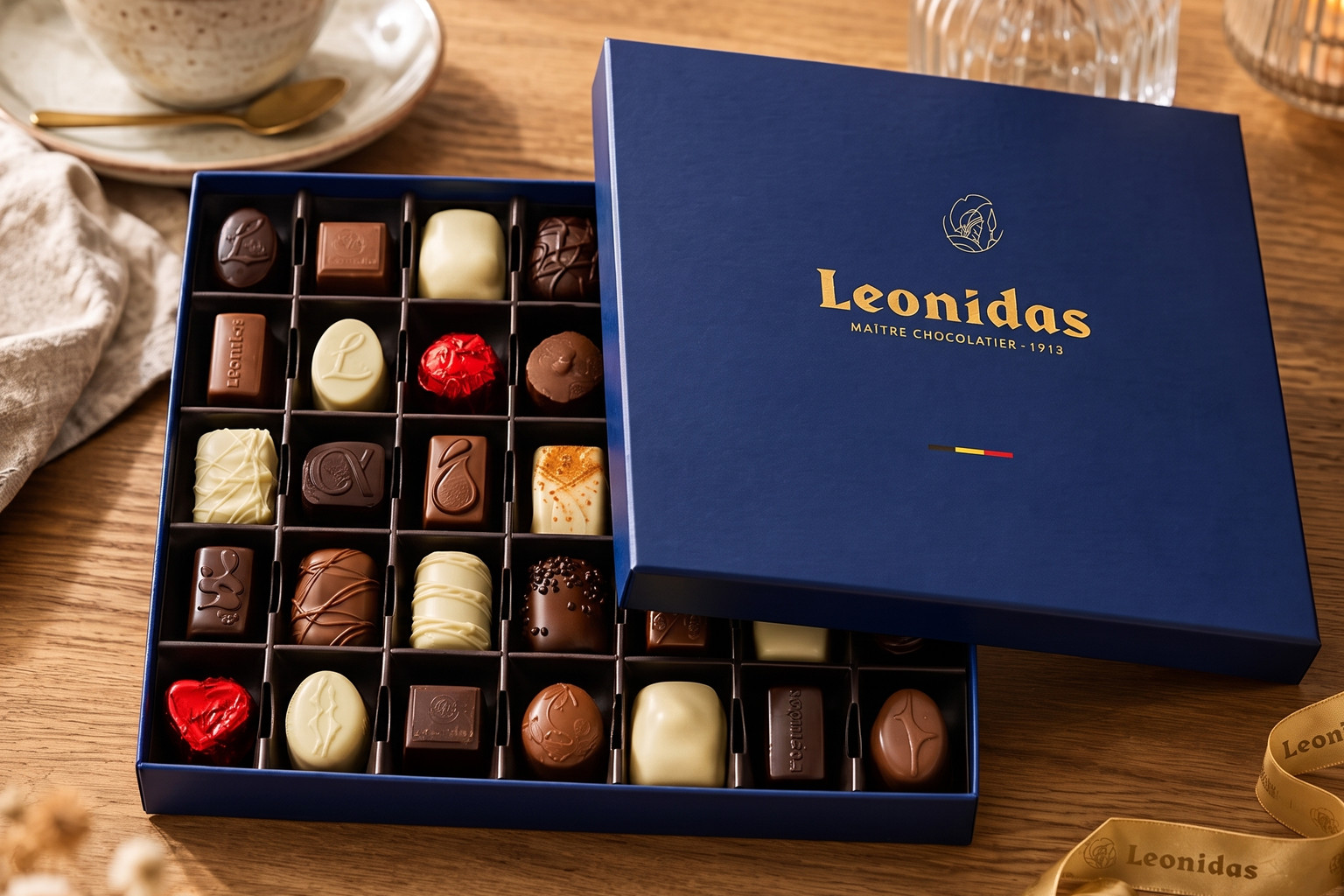 Un coffret bleu rempli de pralines assorties